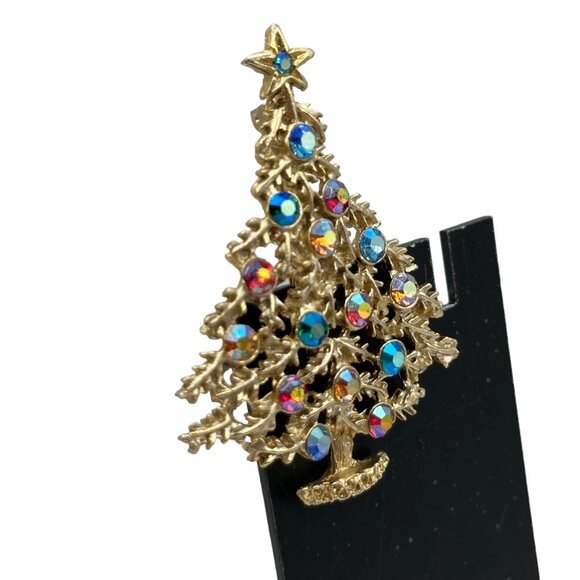 Christmas Tree Brooch Silver Tone Multicolor Rhinestones Jewelry Costume Fashion - Picture 9 of 12